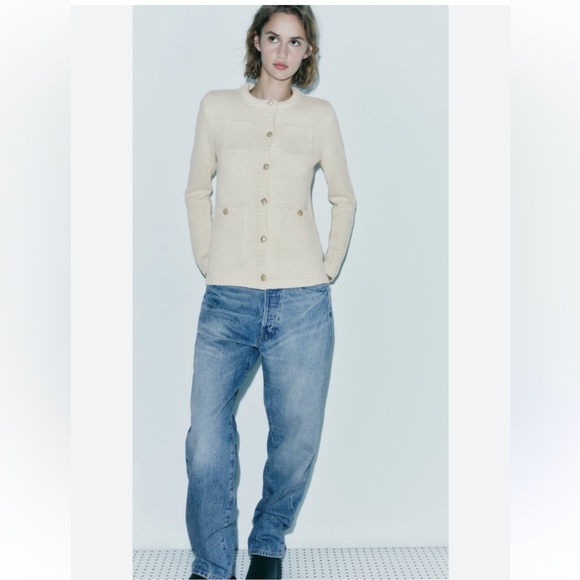 ZARA Jewel Button Shoulder Pad Knit Ivory Cardigan Sweater Jacket Medium - Picture 7 of 12